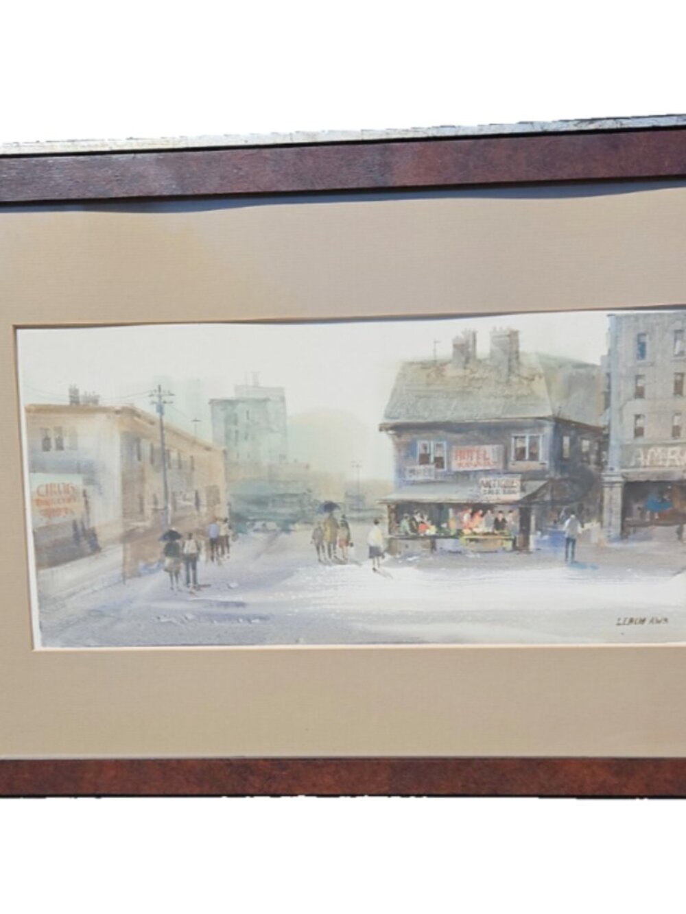 Original Vintage 1980s Fred Leach AWS Watercolor Painting Framed Rainy Day Scene